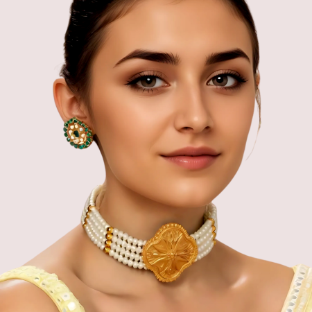 Pearl Handmade Brass Alloy Choker Necklace with Floral Pendant
